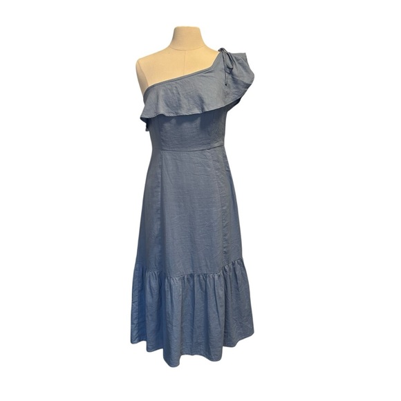 Lulus | One Shoulder Ruffle Midi Dress | Blue | Small - Picture 4 of 11